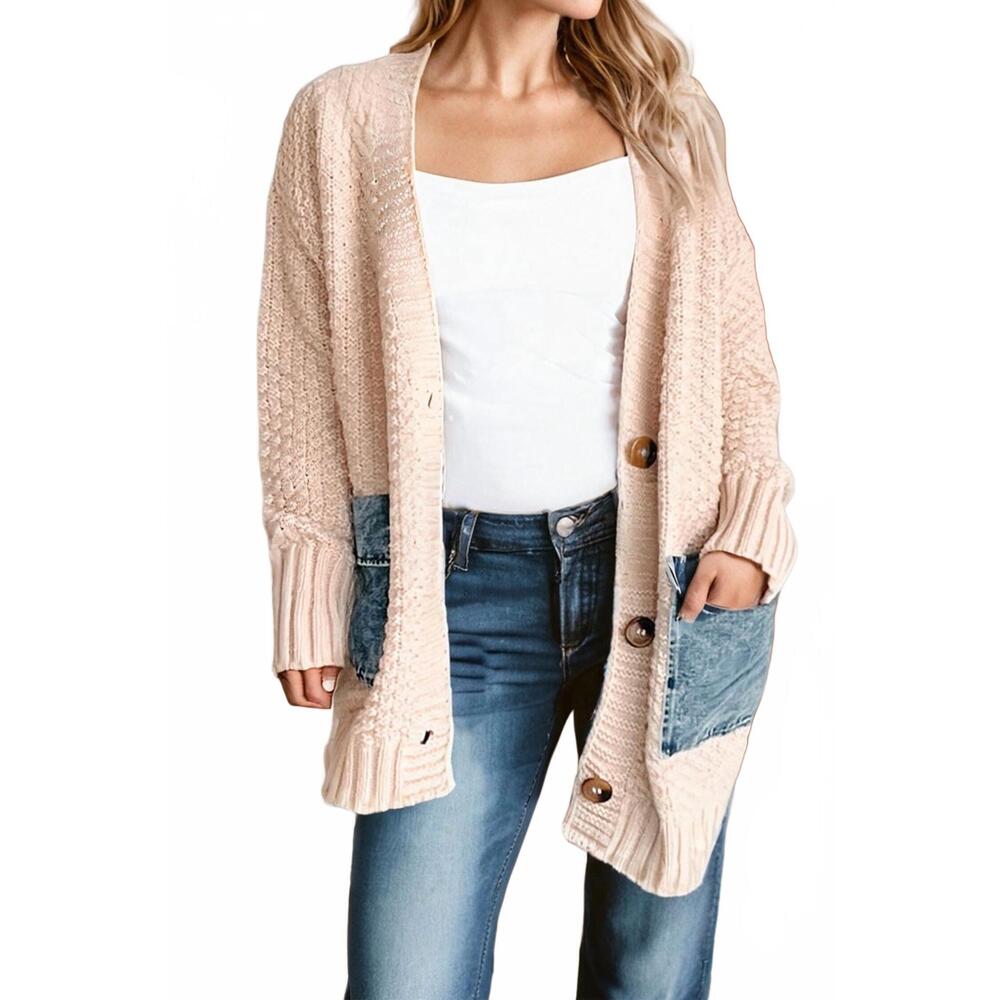 NEW LITTLE DAISY CLOSET denim pockets cardigan in soft bronze